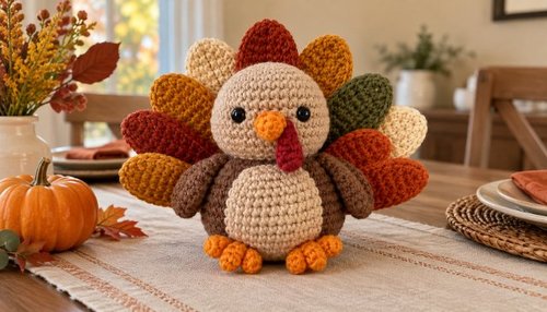 Crochet turkey styled as a Thanksgiving table centerpiece
