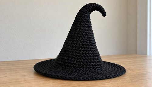Black crochet witch hat showing the tall pointed cone