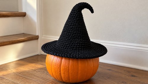 Crochet witch hat styled as Halloween table decor