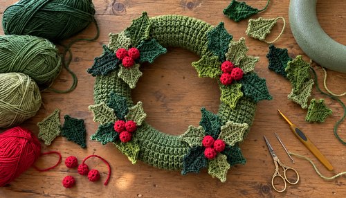 Materials for a crochet wreath: 12-inch foam wreath form, forest green, red, and gold worsted yarn, and a 5.0 mm crochet hook