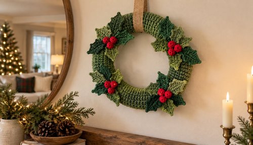 Finished crochet Christmas wreath with red bow hanging on a front door