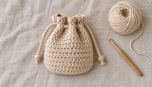 Easy crochet bag: flat lay of pouch with yarn and crochet hook