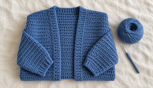 Easy crochet cardigan pattern free: flat lay of cardigan with yarn and hook