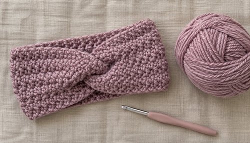 Crochet ear warmer flat lay with dusty pink yarn and crochet hook