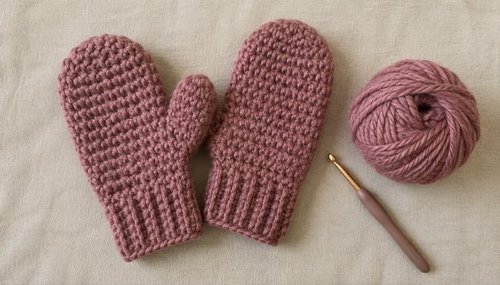 Crochet mittens flat lay with dusty pink yarn and crochet hook
