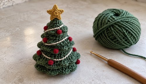 Crochet Christmas tree flat lay with green yarn and crochet hook