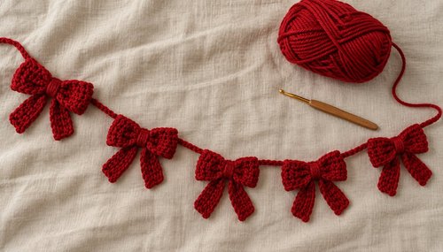Crochet bow garland flat lay with red yarn and crochet hook