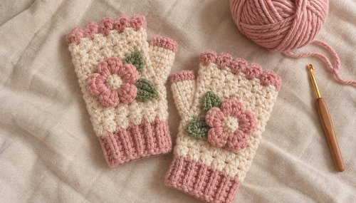 Flat lay of crochet fingerless gloves with a ball of yarn