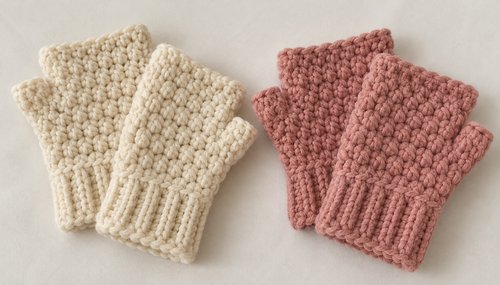 A pair of cozy crochet fingerless gloves in warm tones