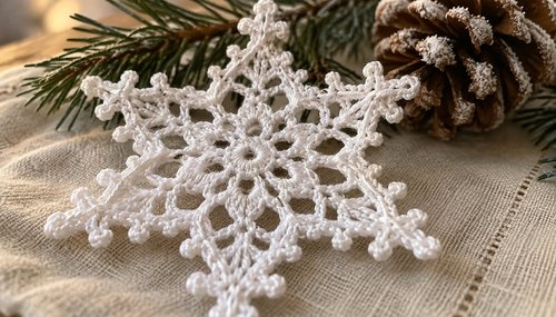 Close-up of a white crochet snowflake ornament showing the delicate lace stitches