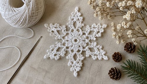 Flat lay of white crochet snowflake ornaments with crochet thread and a hook