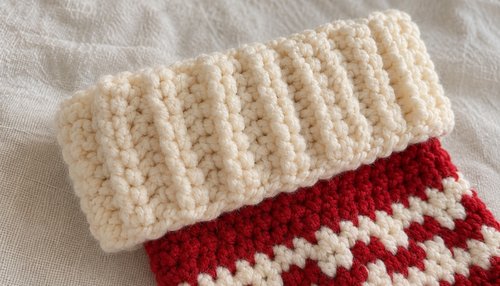 Close-up of cream ribbed crochet stocking cuff with pine sprig