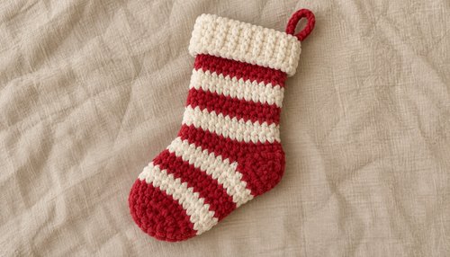 Flat lay of red and white crochet Christmas stocking with yarn and crochet hook