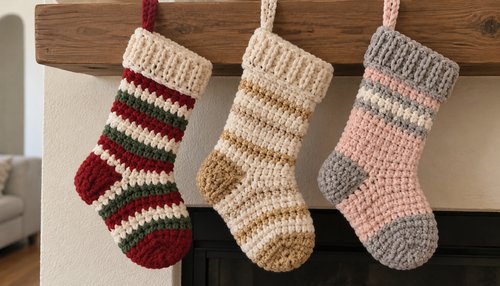 Crochet Christmas ideas: three crochet Christmas stockings in red green, cream gold, and blush gray hanging on a mantel